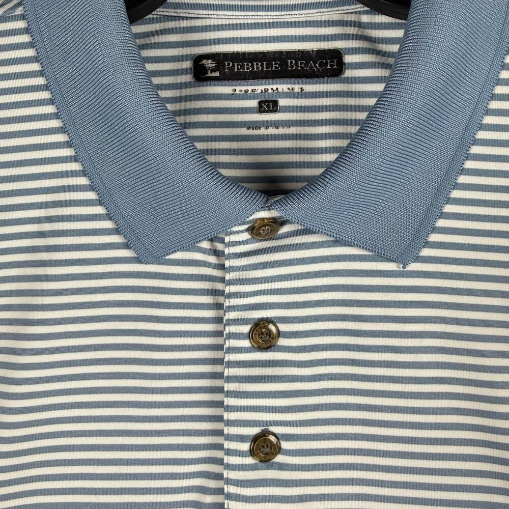 Pebble Beach Mens XL Blue White Striped Golf Polo Shirt Short Sleeve